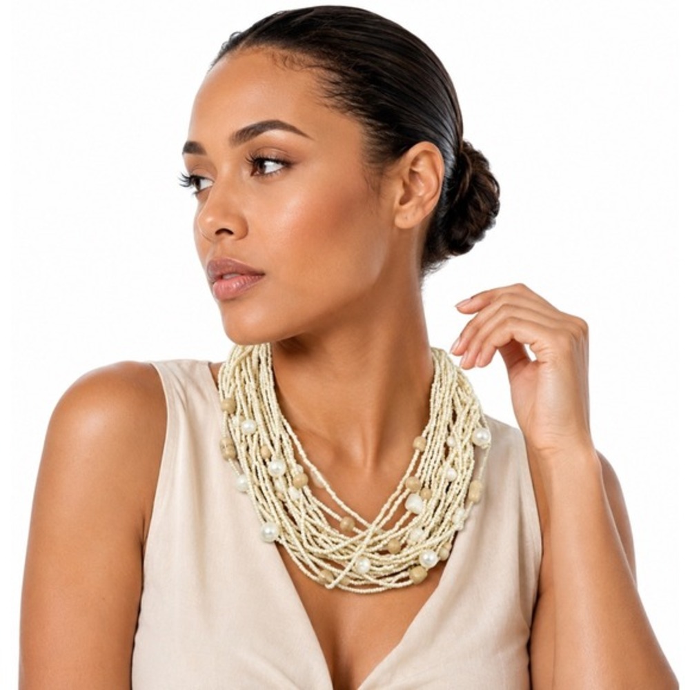 Cream Multi Strand Seed Bead Statement Necklace Silver Tone Adjustable Chic J-01